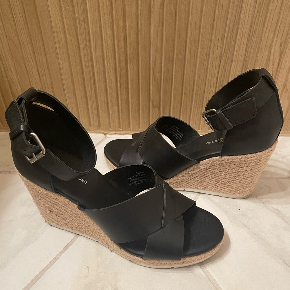 Treasure & Bond Black Leather & Raffia Wedge Sandals size 9.5 like new!